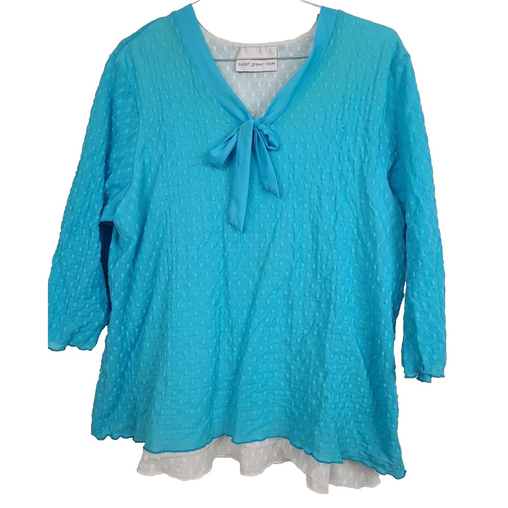 Susan Graver Style Top Womens Large Blue Textured Layered 3/4 Sleeve Lagenlook
